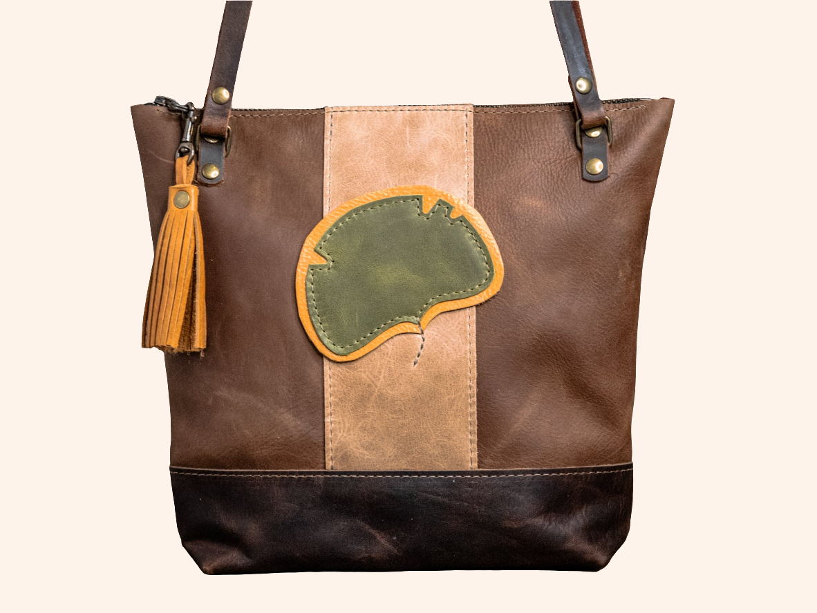Leather Shoulder Zipper Bag * Brown and Green * Gingko Leaf