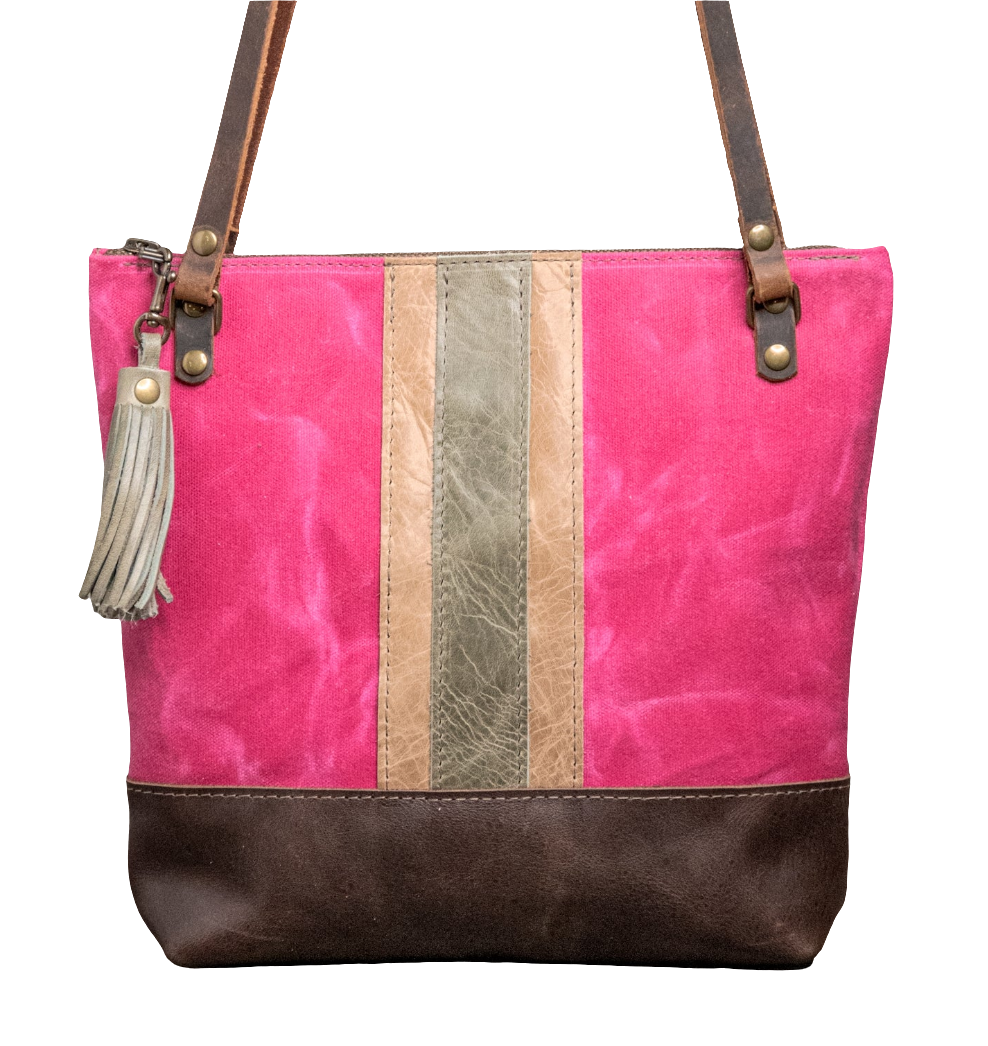 Handmade Leather & waxed canvas Tote Bag * Zipper Top * Pink with Brown Stripe