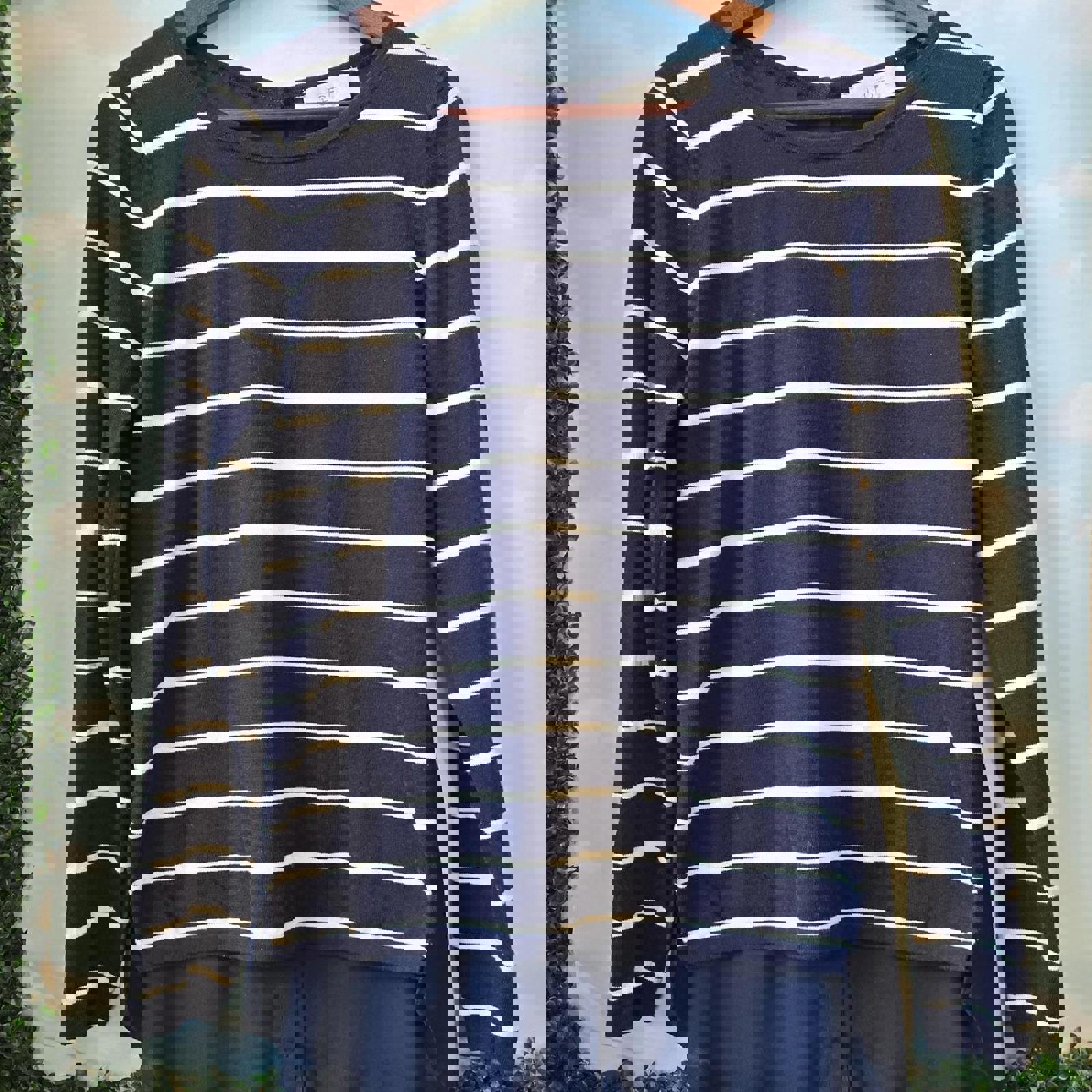 Navy blue and white striped long sleeve sheer button up back