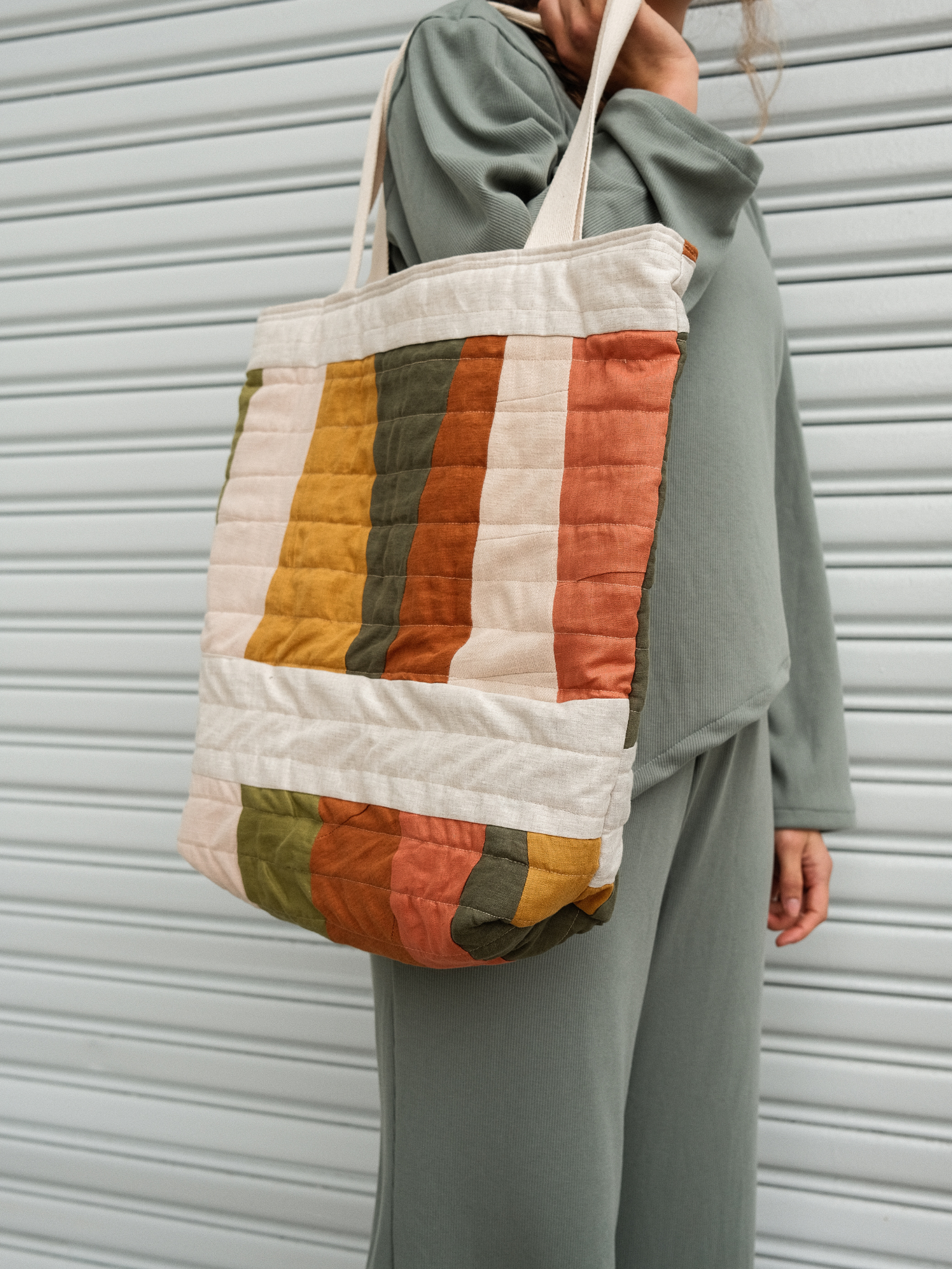 Quilted Linen Patchwork Tote Bag * Handmade * Upcycled