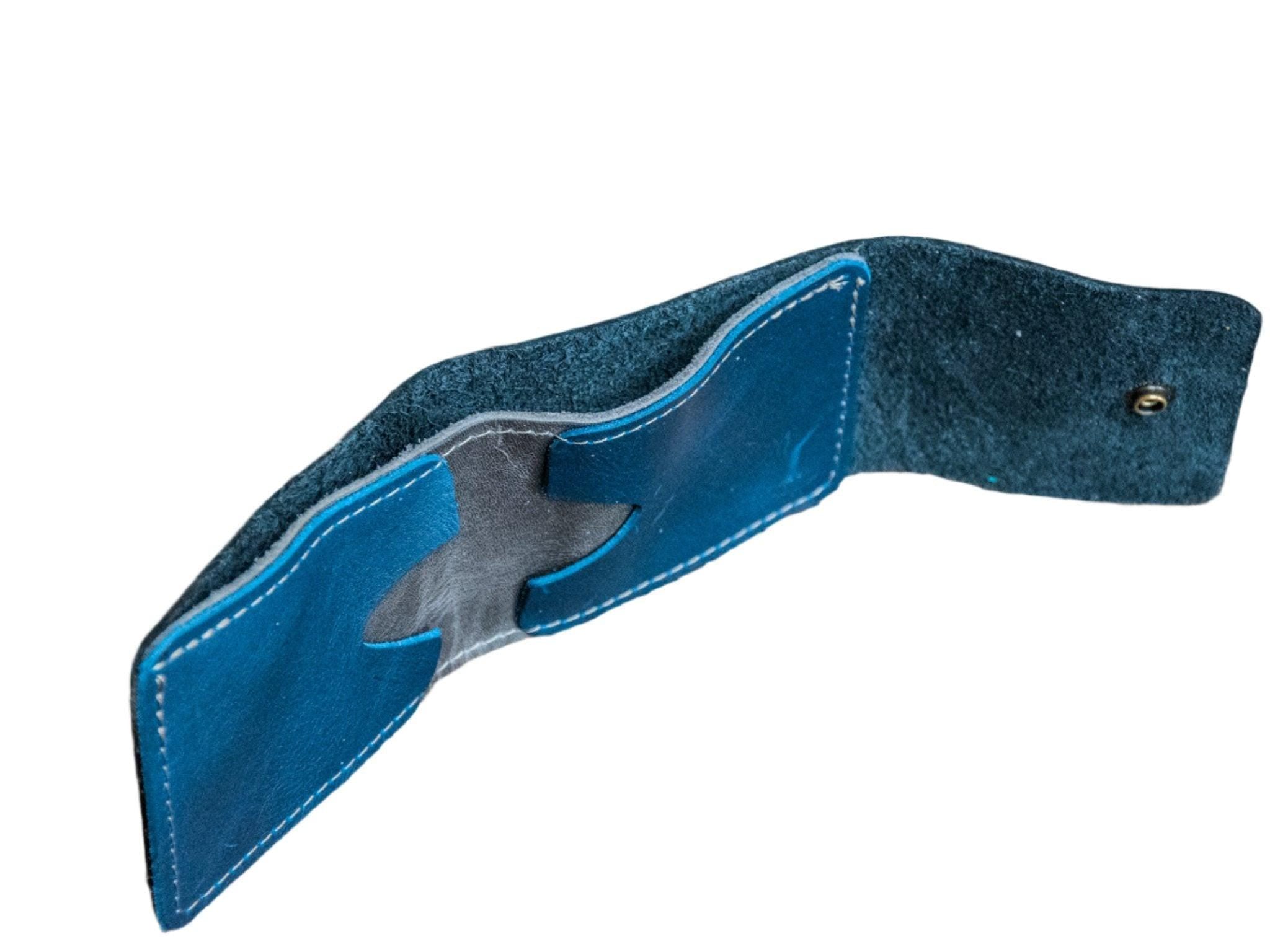 Leather Billfold Wallet * Tri - Toned Black/Blue/Wolf leather colors