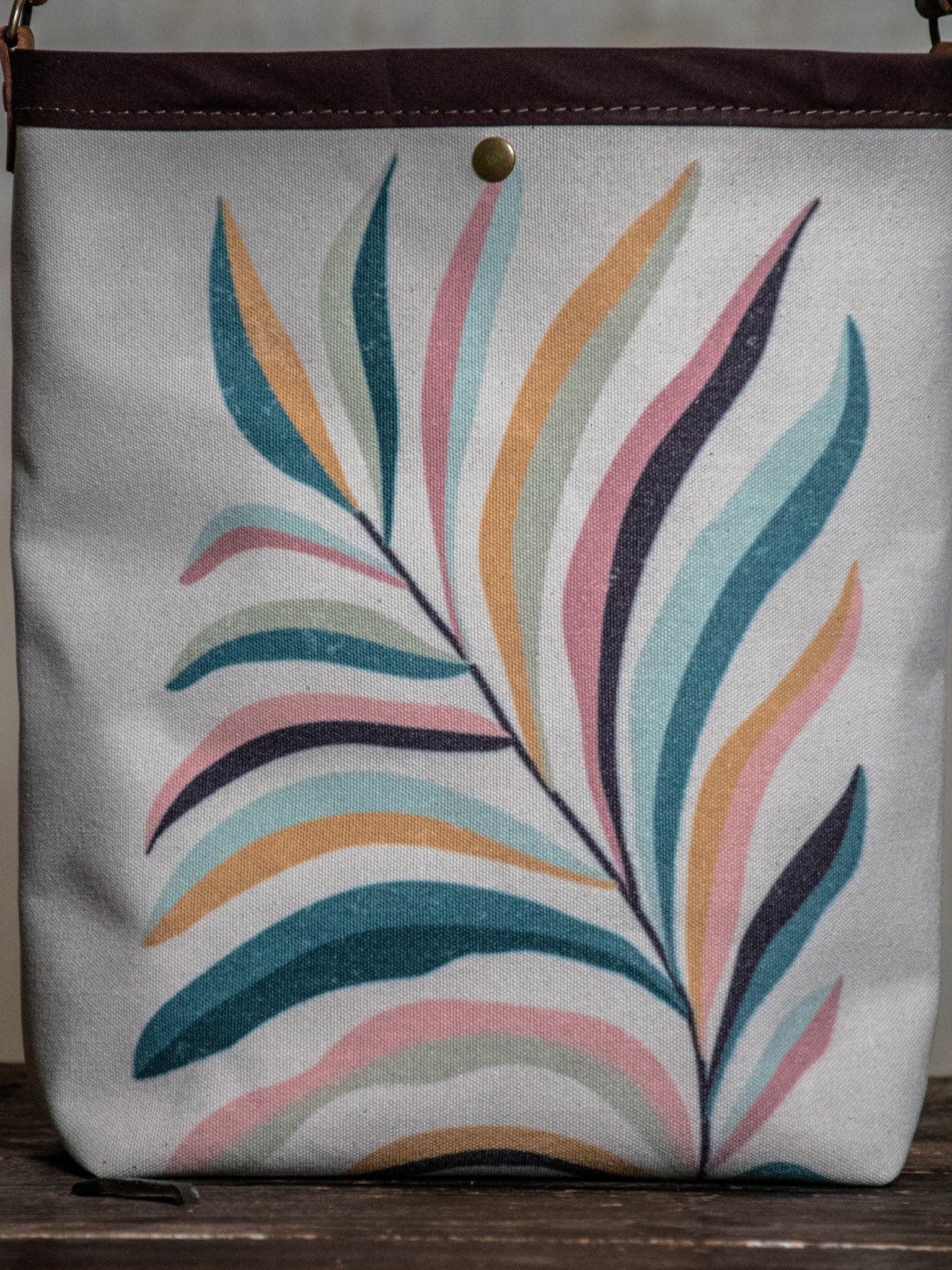 Canvas and Leather Tote Bag * Multicolor and Beige * Rainbow Fern Plant Leaf * In (Camp) Blue collab