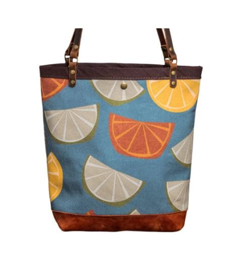 Waxed Canvas and Leather Shoulder purse | Snap top Tote bag | Fruit Slices