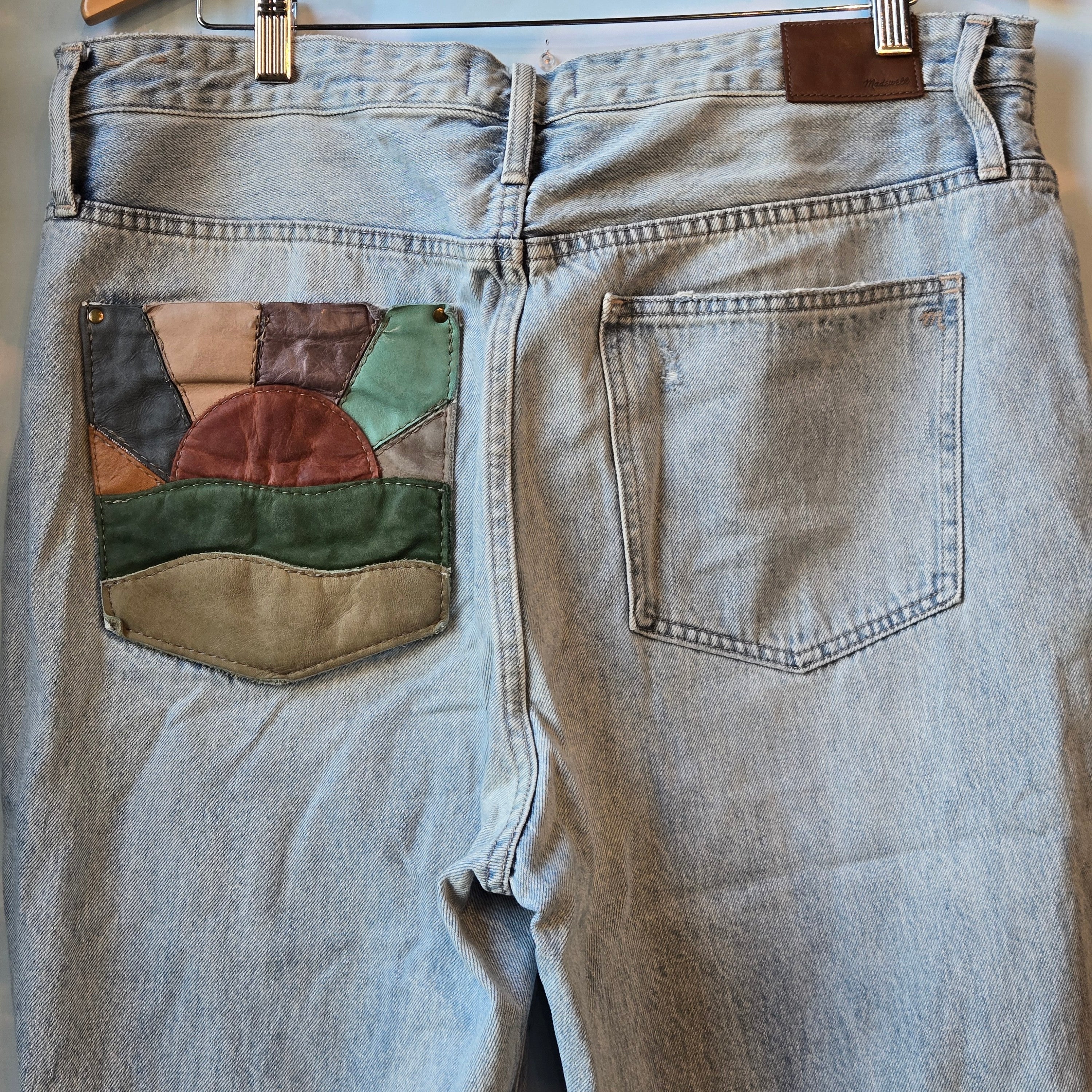 Upcycled Diatressed Denim * waist size 33 * Madewell Jeans * Leather Back Pocket Detail