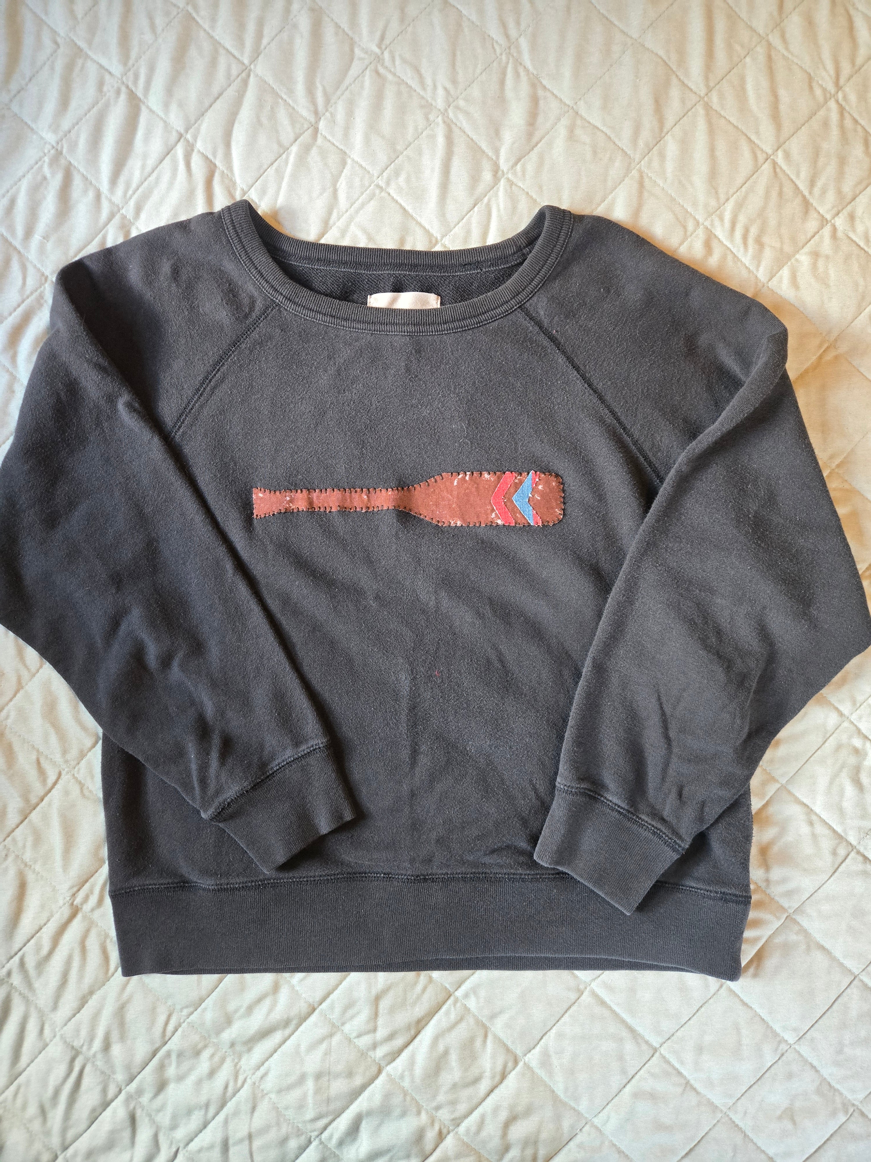 Black Upcycled Sweatshirt with hand sewn Oar Applique Patchwork