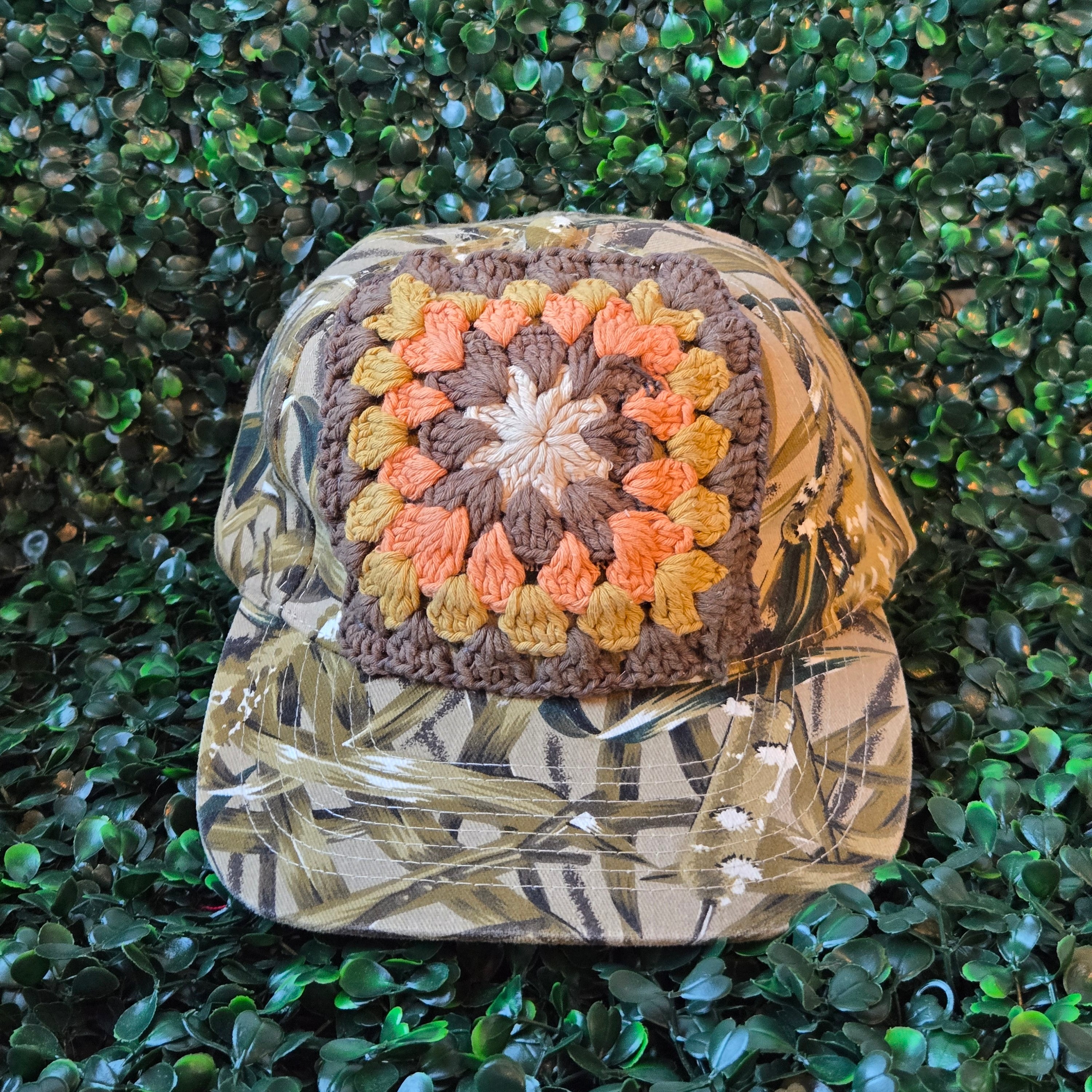 Granny square Hat * Upcycled Camo Cap  * Crocheted
