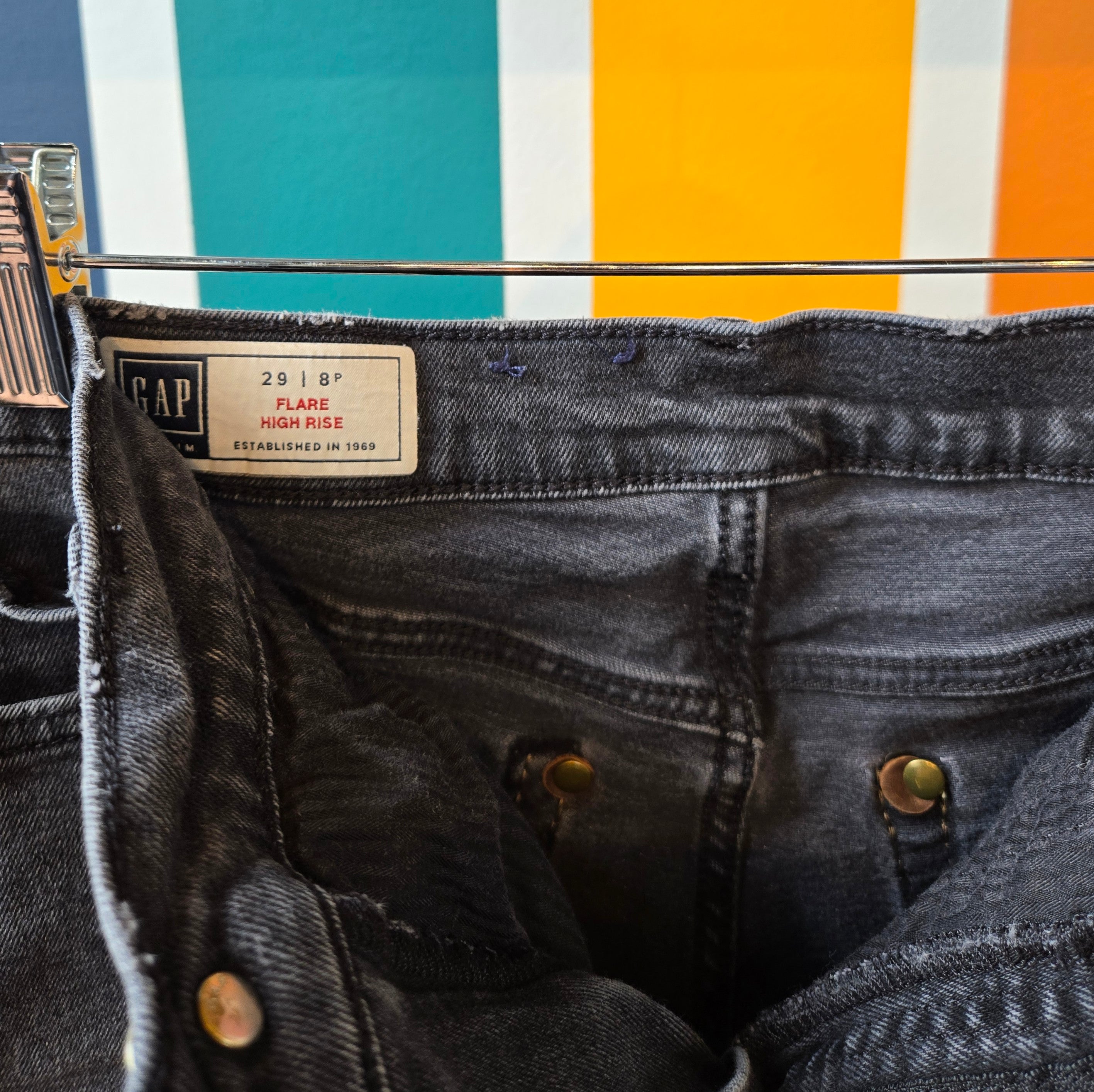 Fire and water Upcycled Denim * waist size 29 * Gap Cutoffs * Leather Back Pocket Detail