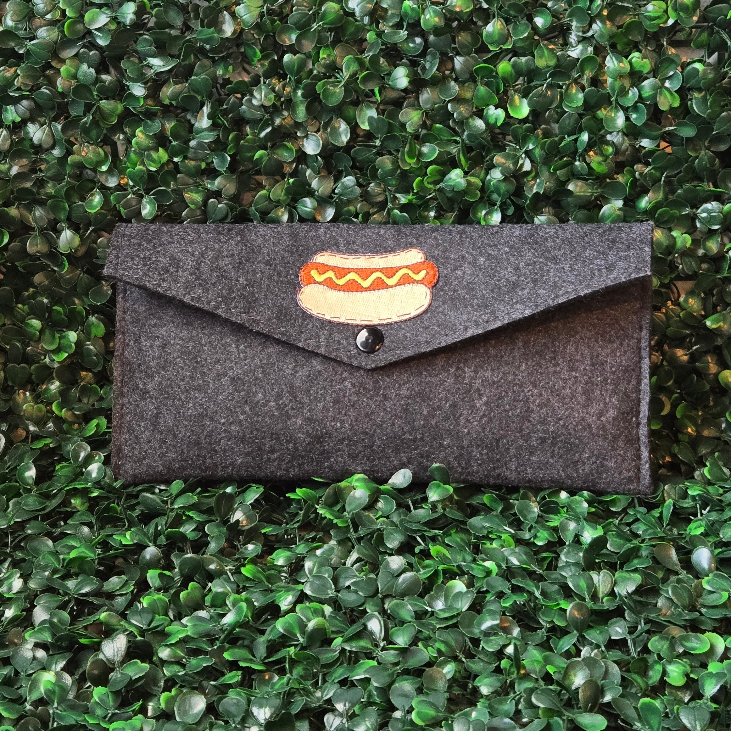 Felt wallet * Makes me want a hot dog real bag * Snap dark gray pouch