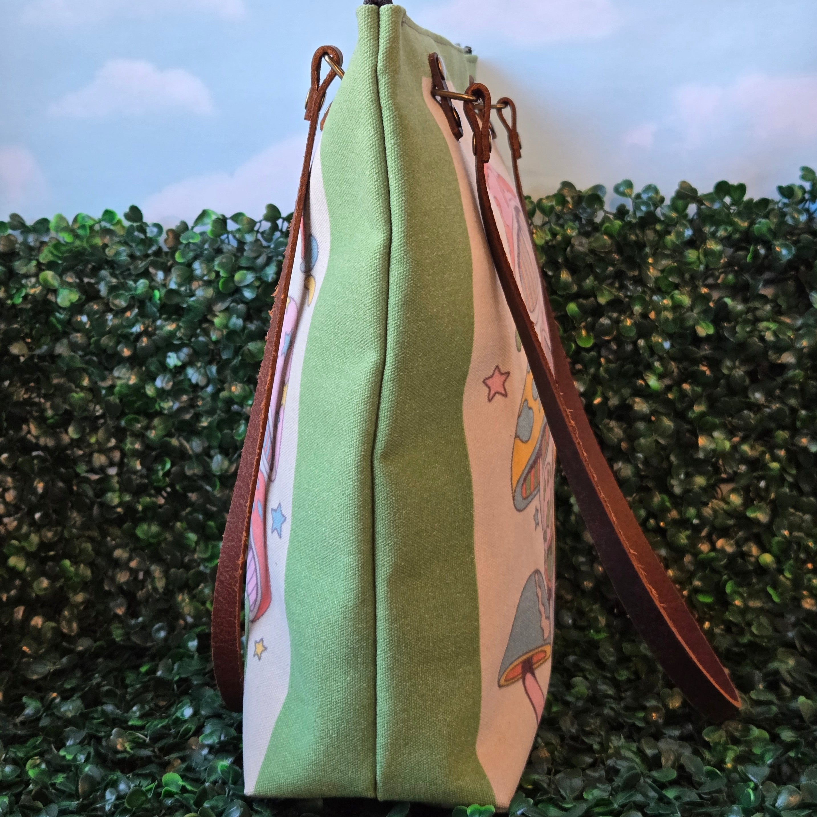 Canvas and Leather Tote Bag * Psychadelic * Rainbow Mushrooms