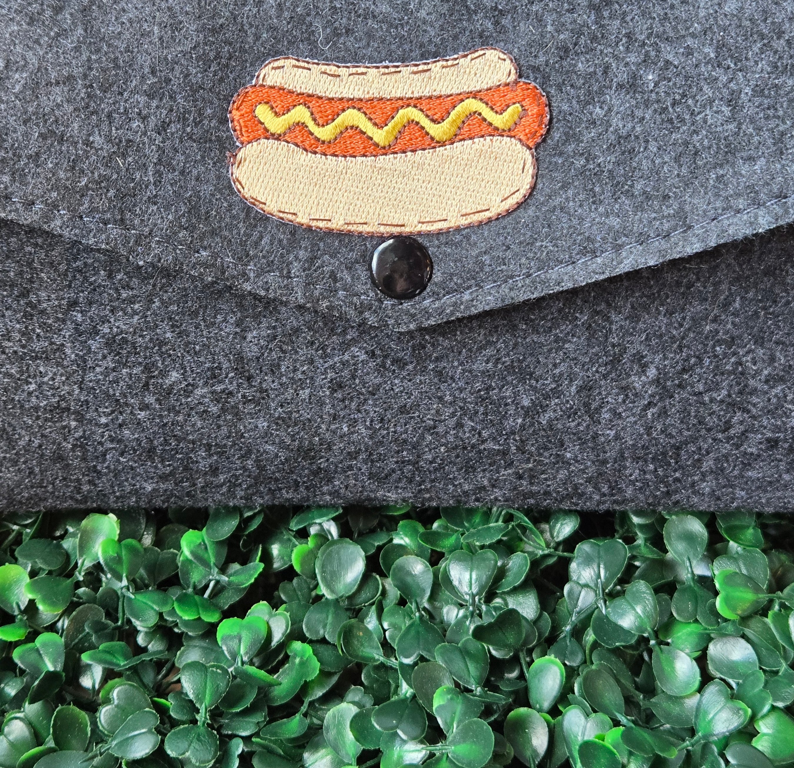 Felt wallet * Makes me want a hot dog real bag * Snap dark gray pouch
