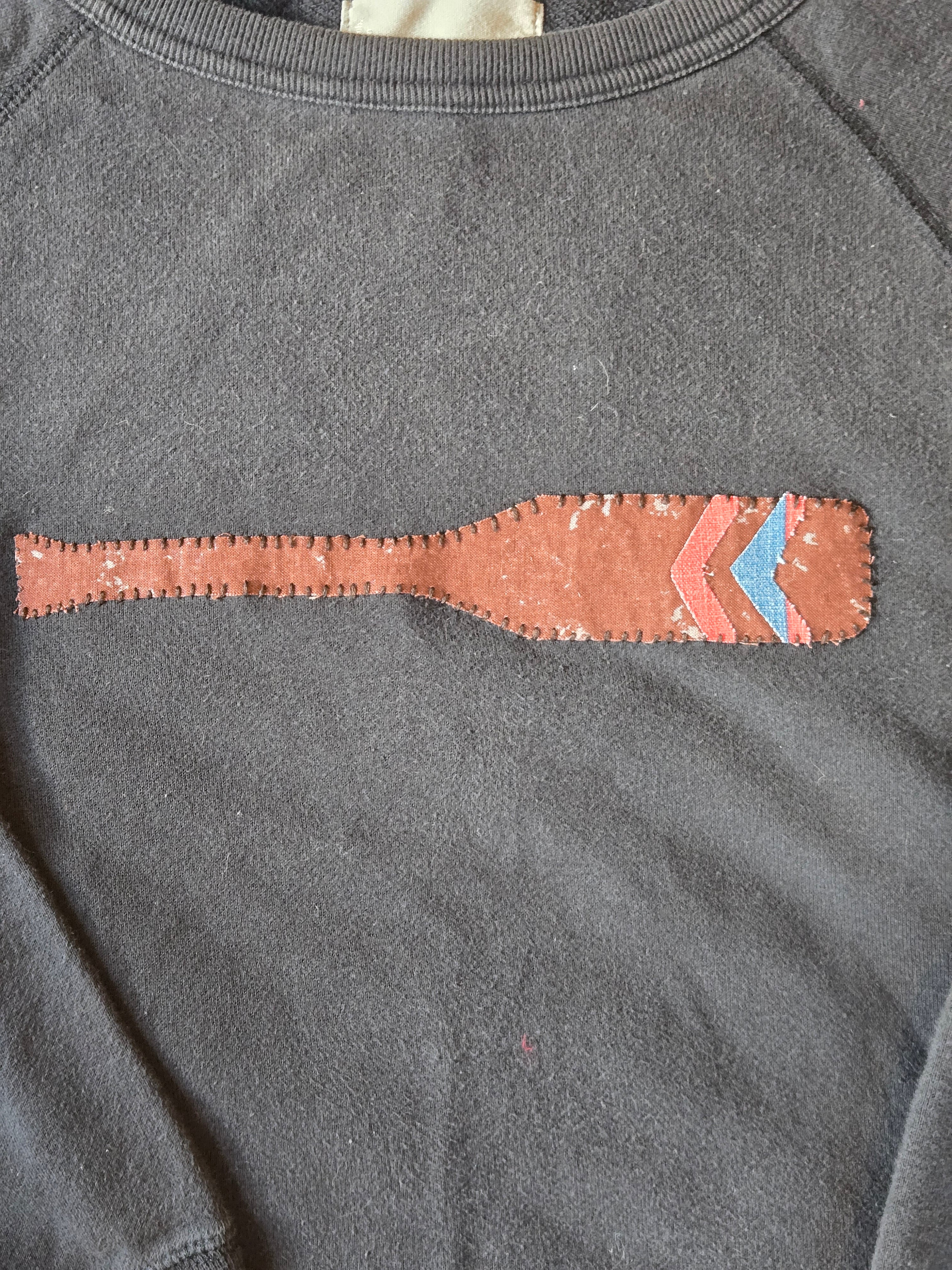 Black Upcycled Sweatshirt with hand sewn Oar Applique Patchwork