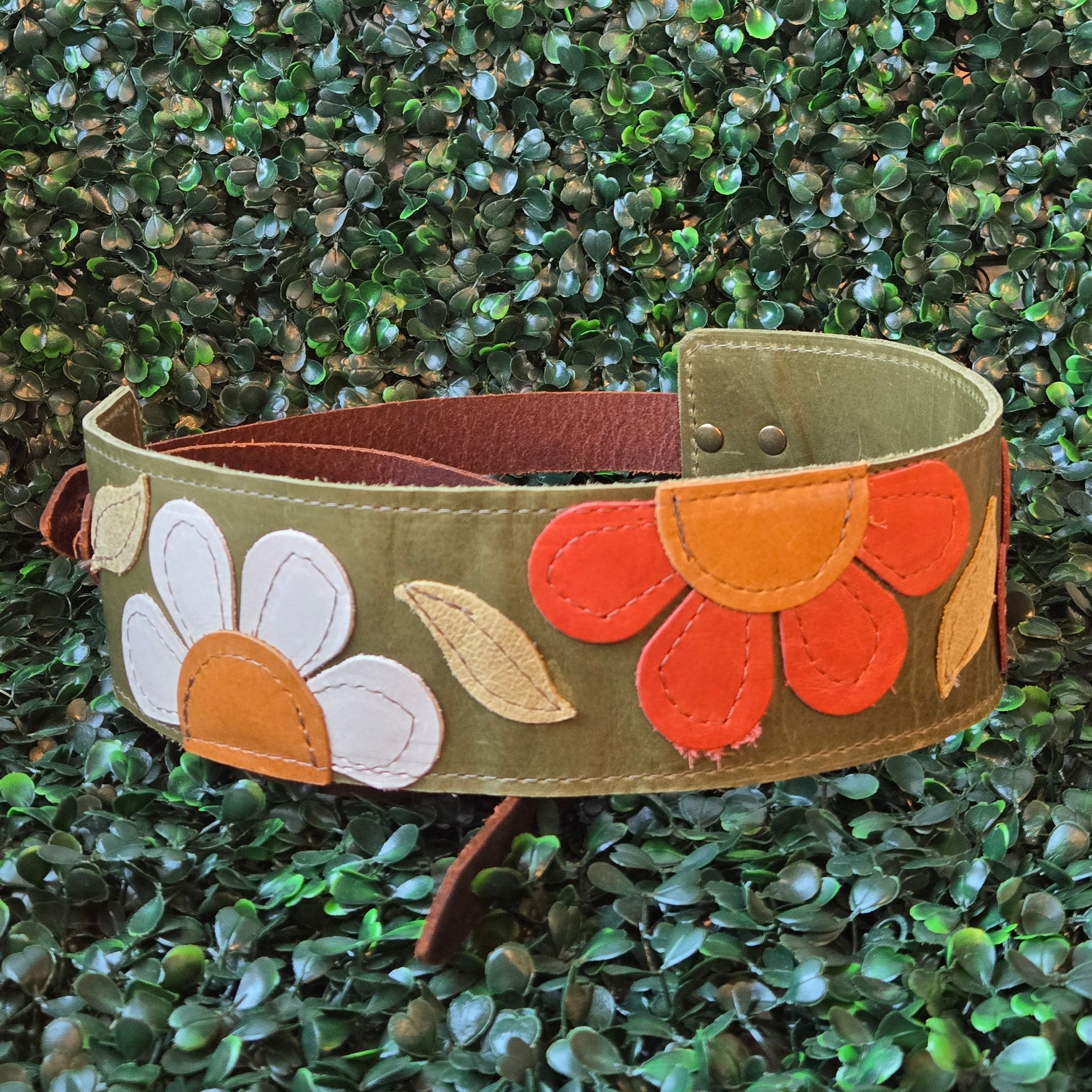 Leather applique Guitar Strap * Green and Red Floral