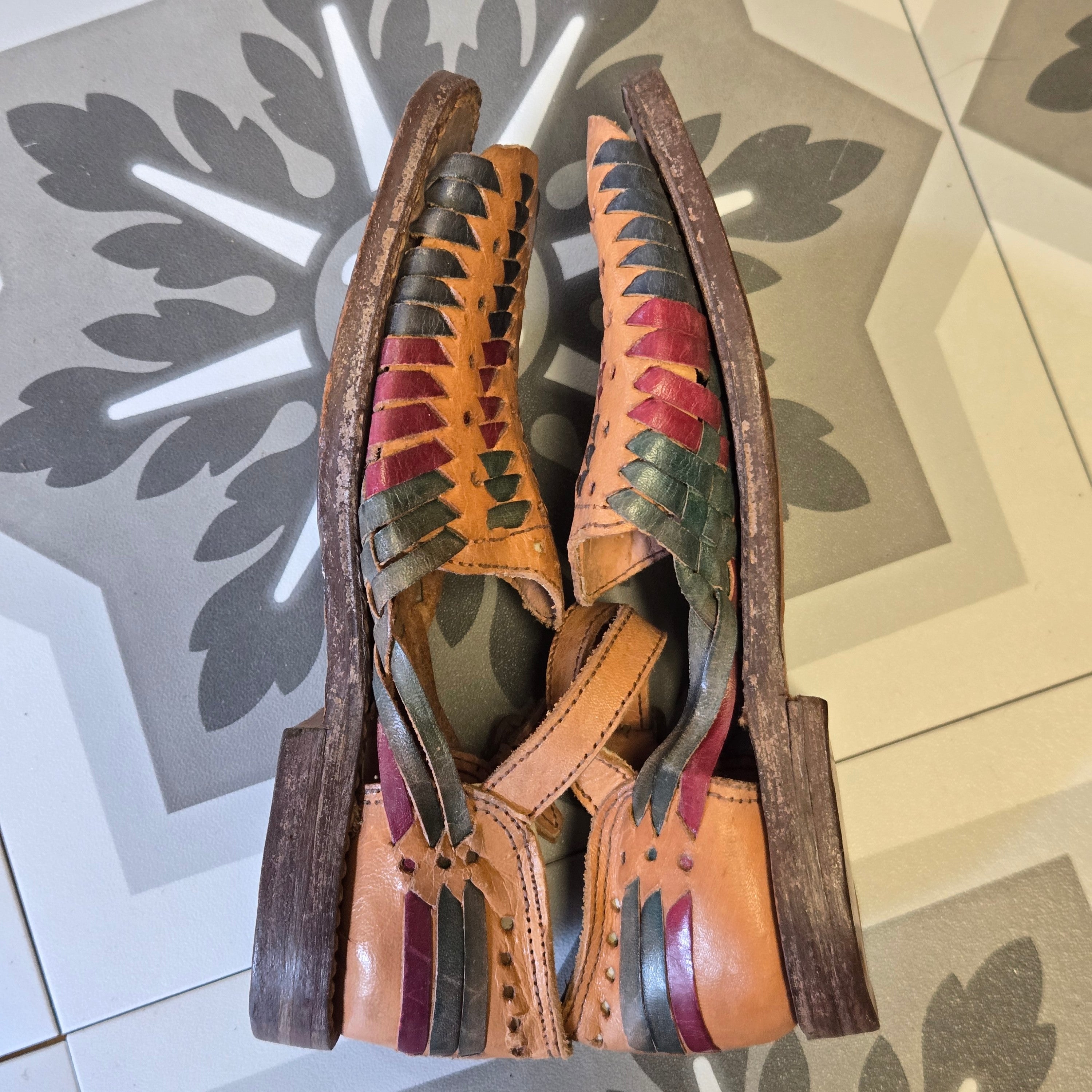Hand Crafted Tan Leather Kids Huarache Sandals with Black and Burgundy Accents