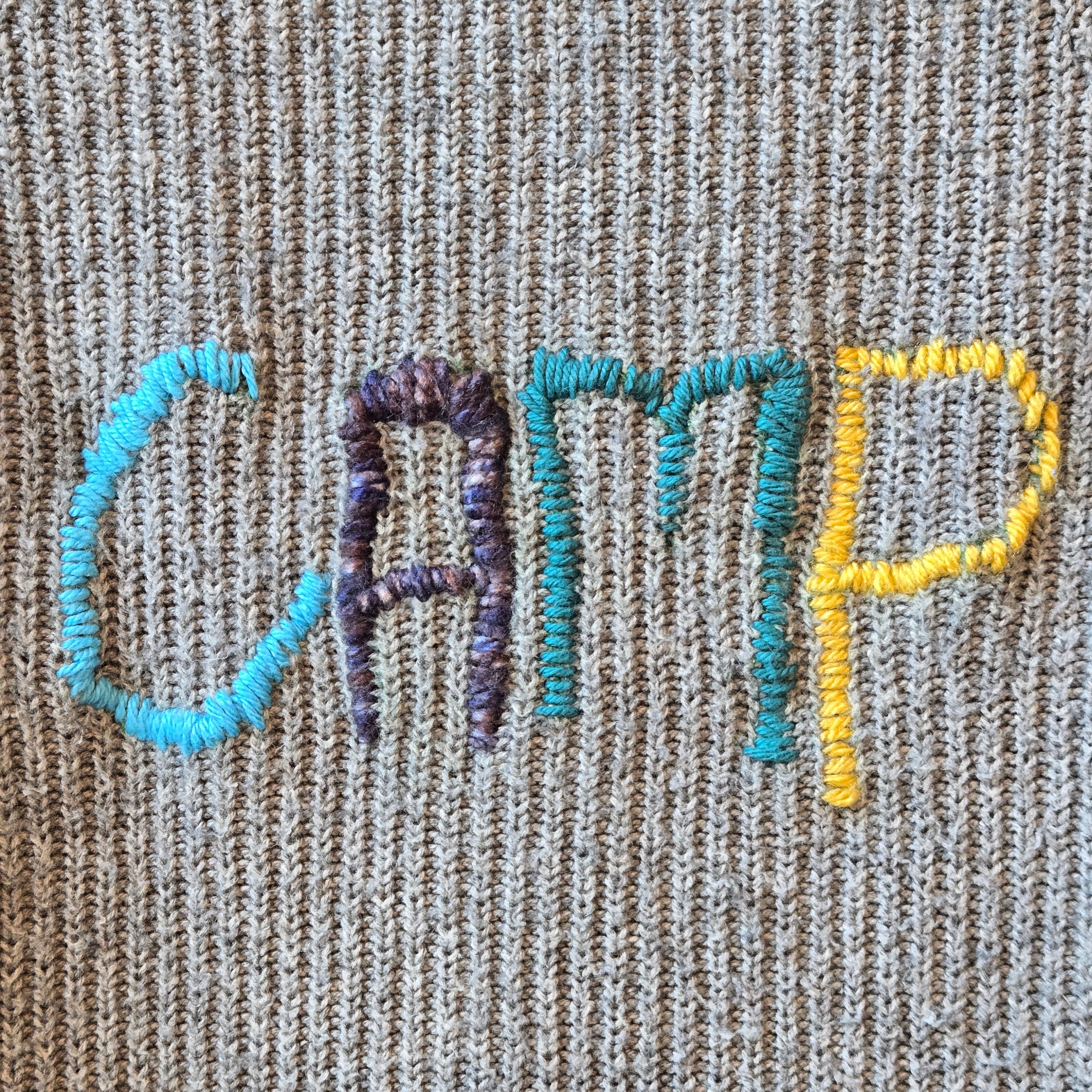 Camp * Embroidered Yarn Writing * Upcycled Sweater * Gray
