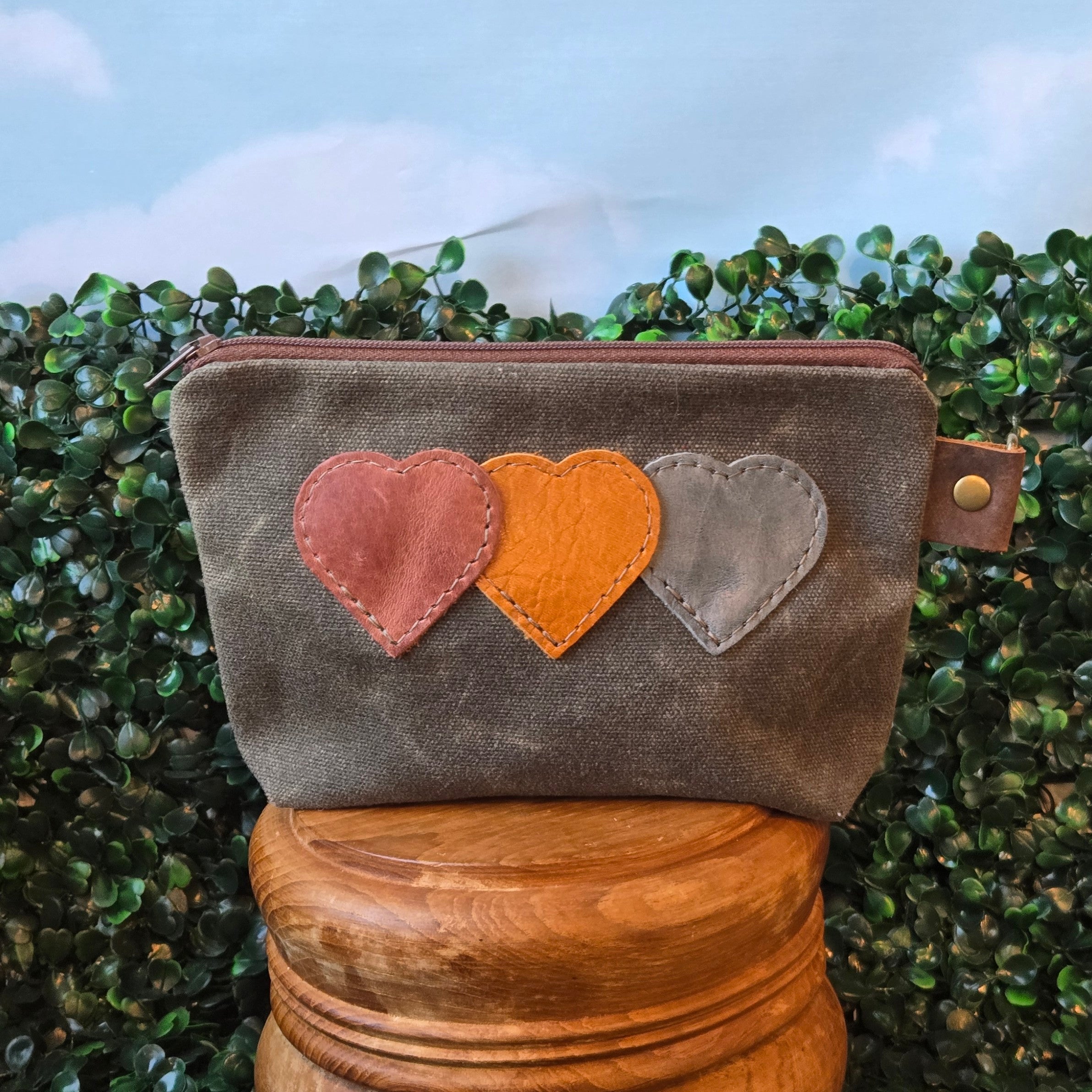 Earth Tone Hearts * Waxed Canvas Zipper Pouch