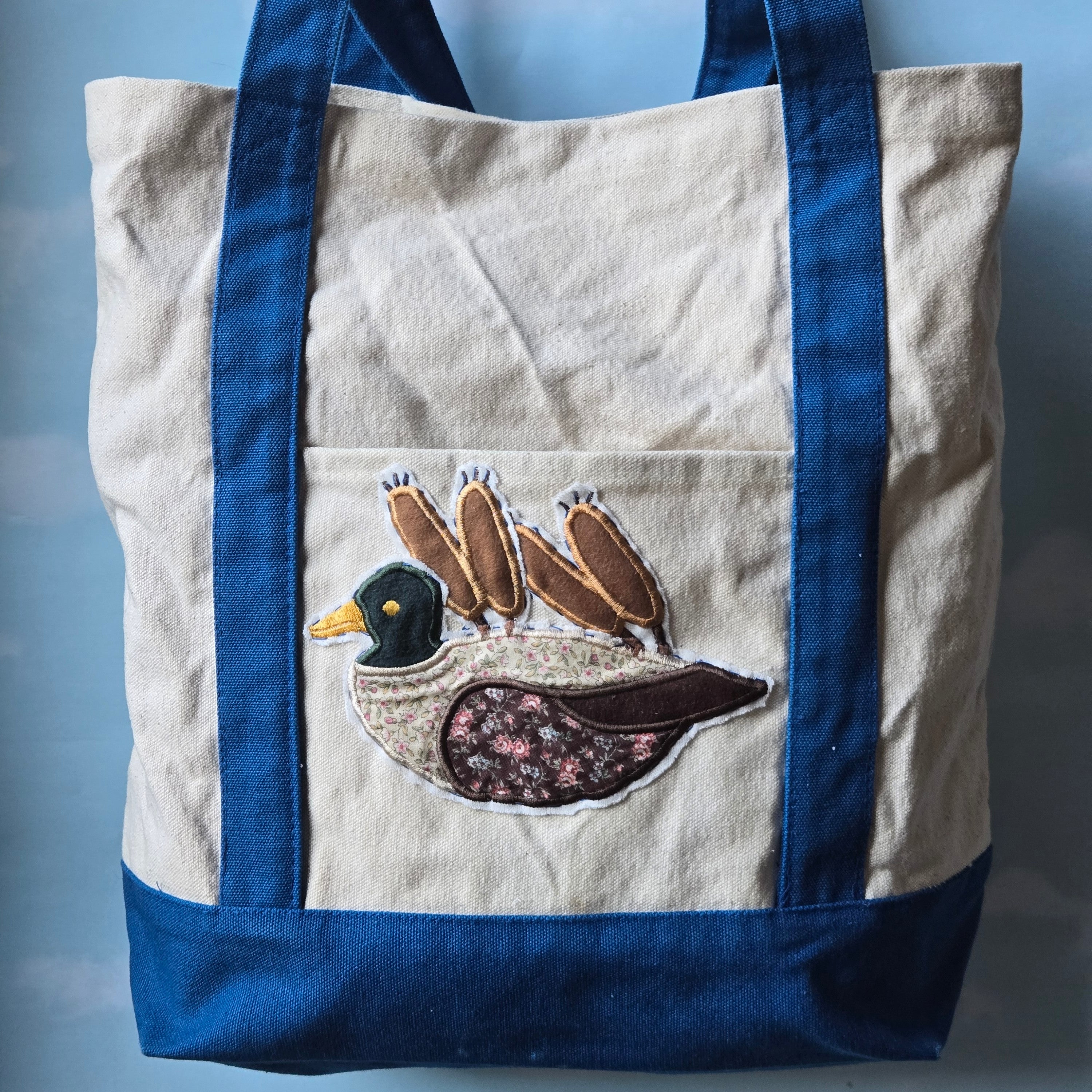 Mallard Duck Quilted Applique * Upcycled Book Bag * Cream and Blue canvas tote