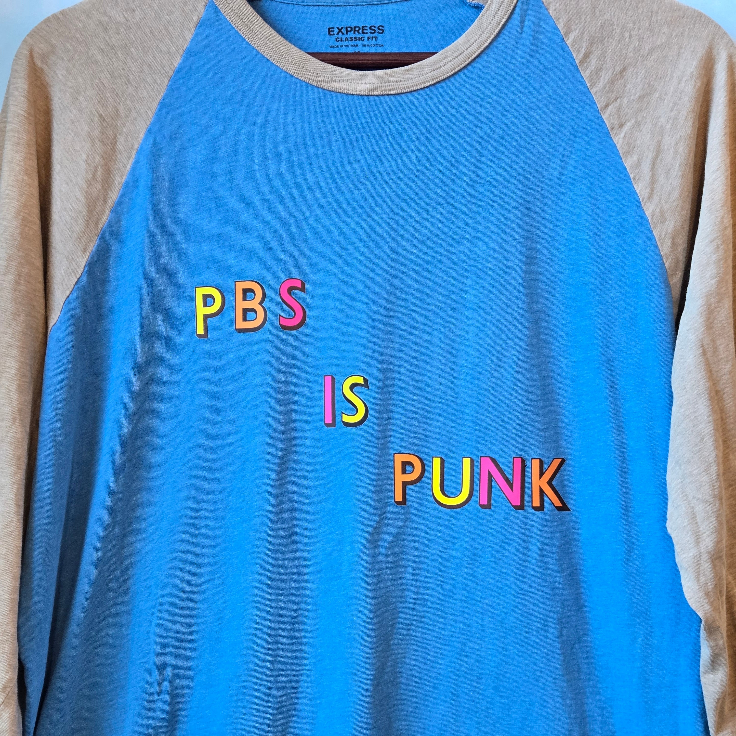 PBS is PUNK * Upcycled Raglan Tshirt * Blue & Tan Baseball Tee