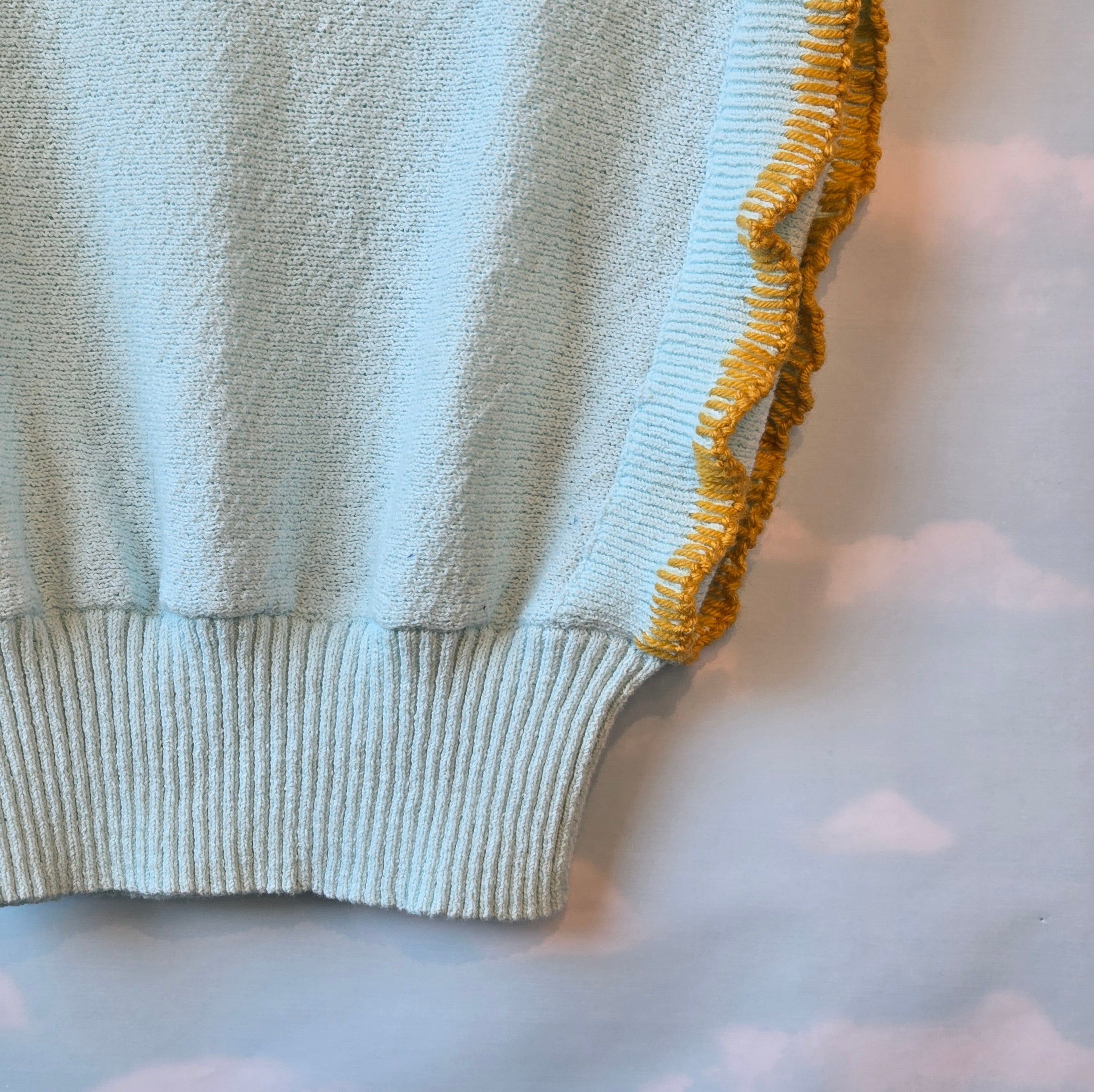Light Blue and Marigold knit Top * Embroidered Yarn Hem* Upcycled Vintage Sweater