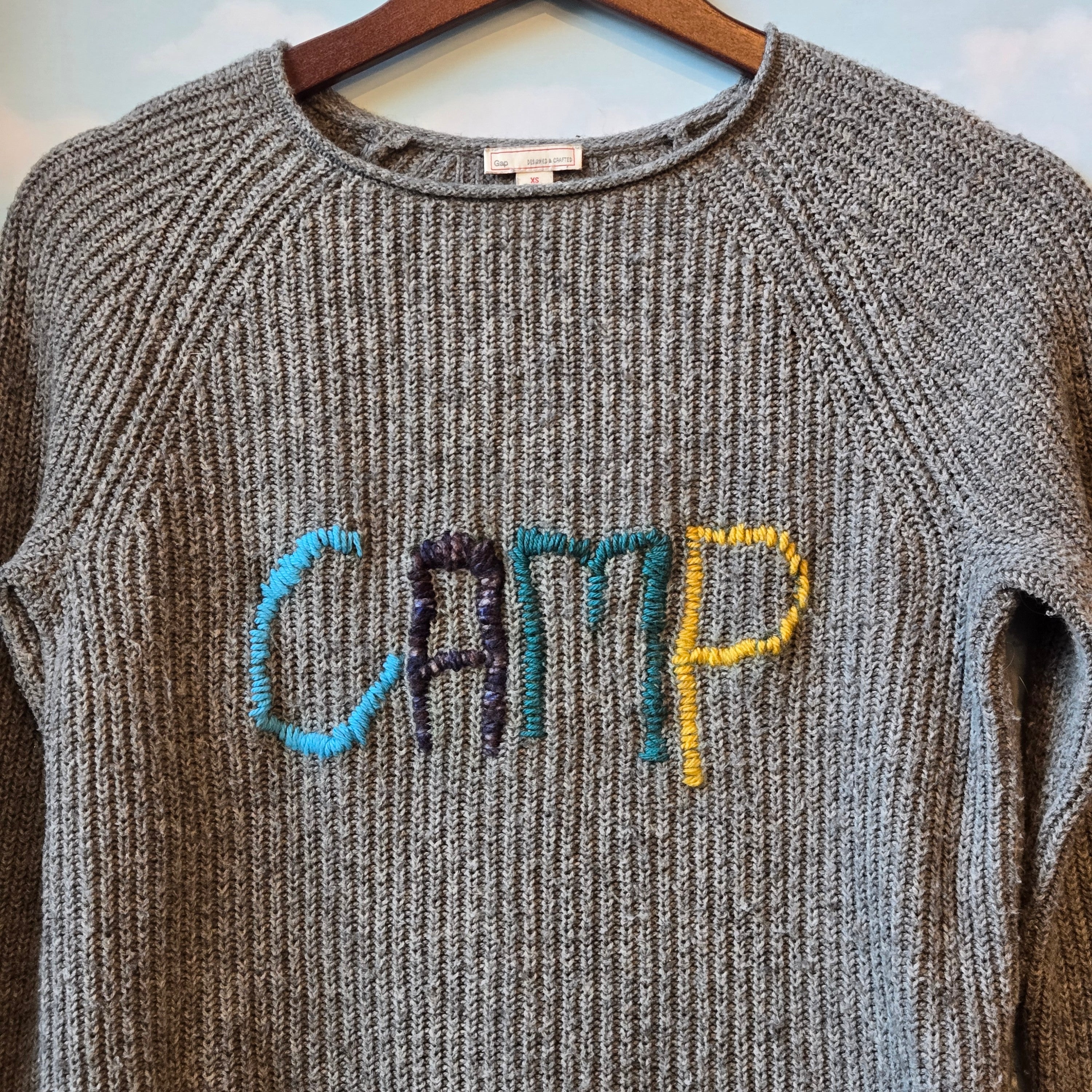 Camp * Embroidered Yarn Writing * Upcycled Sweater * Gray