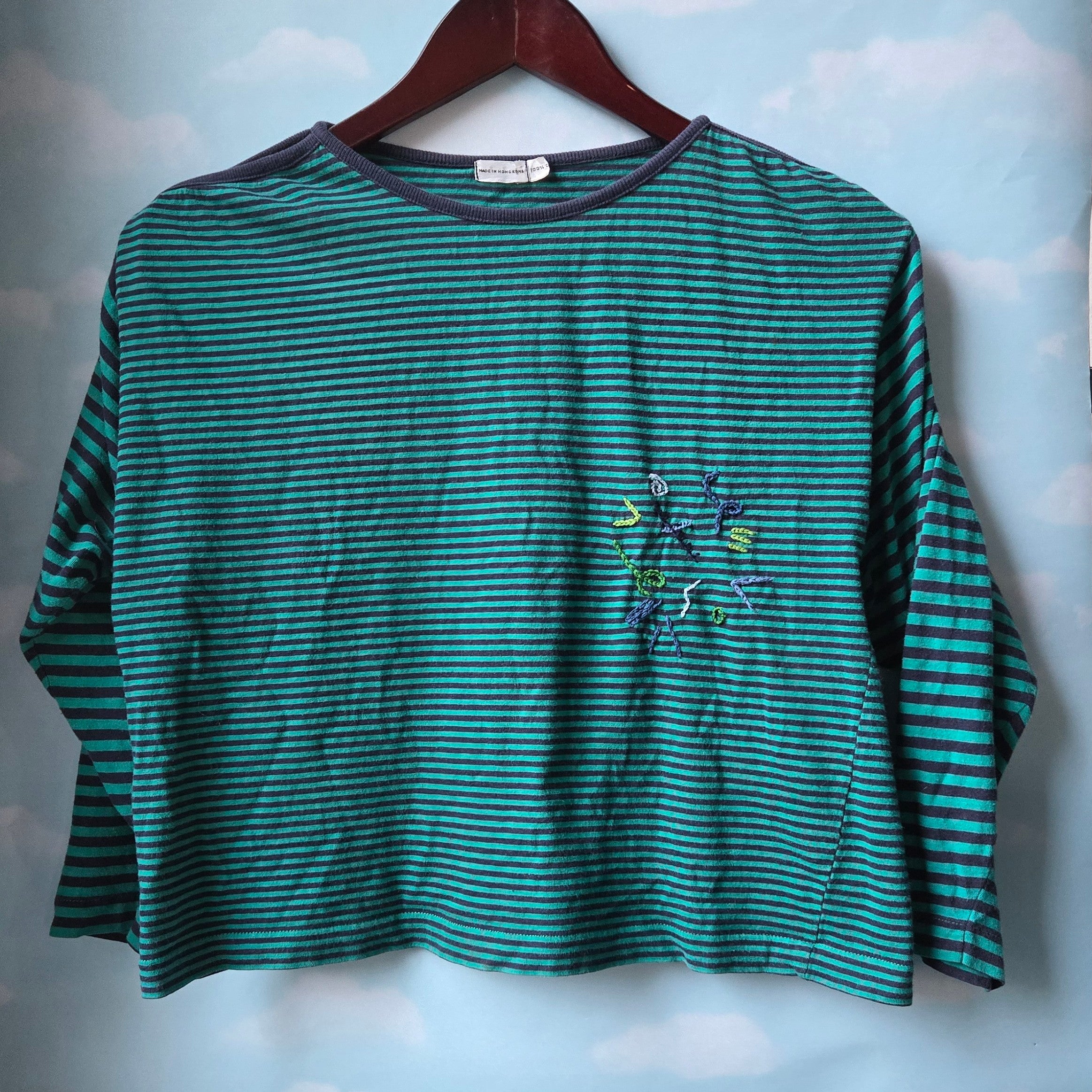 Navy and Teal Top * Embroidered abstract detail * Upcycled Vintage Striped shirt
