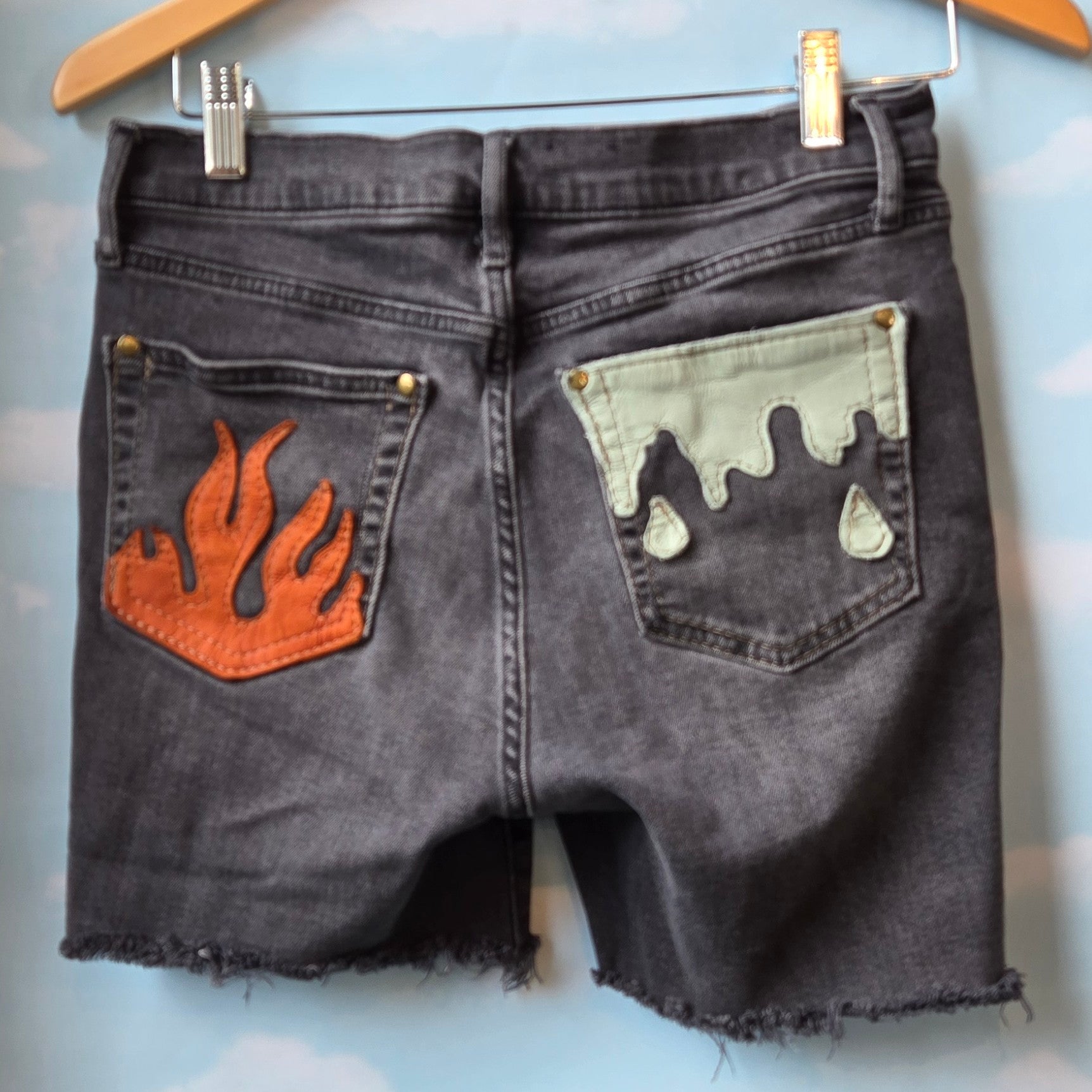 Fire and water Upcycled Denim * waist size 29 * Gap Cutoffs * Leather Back Pocket Detail