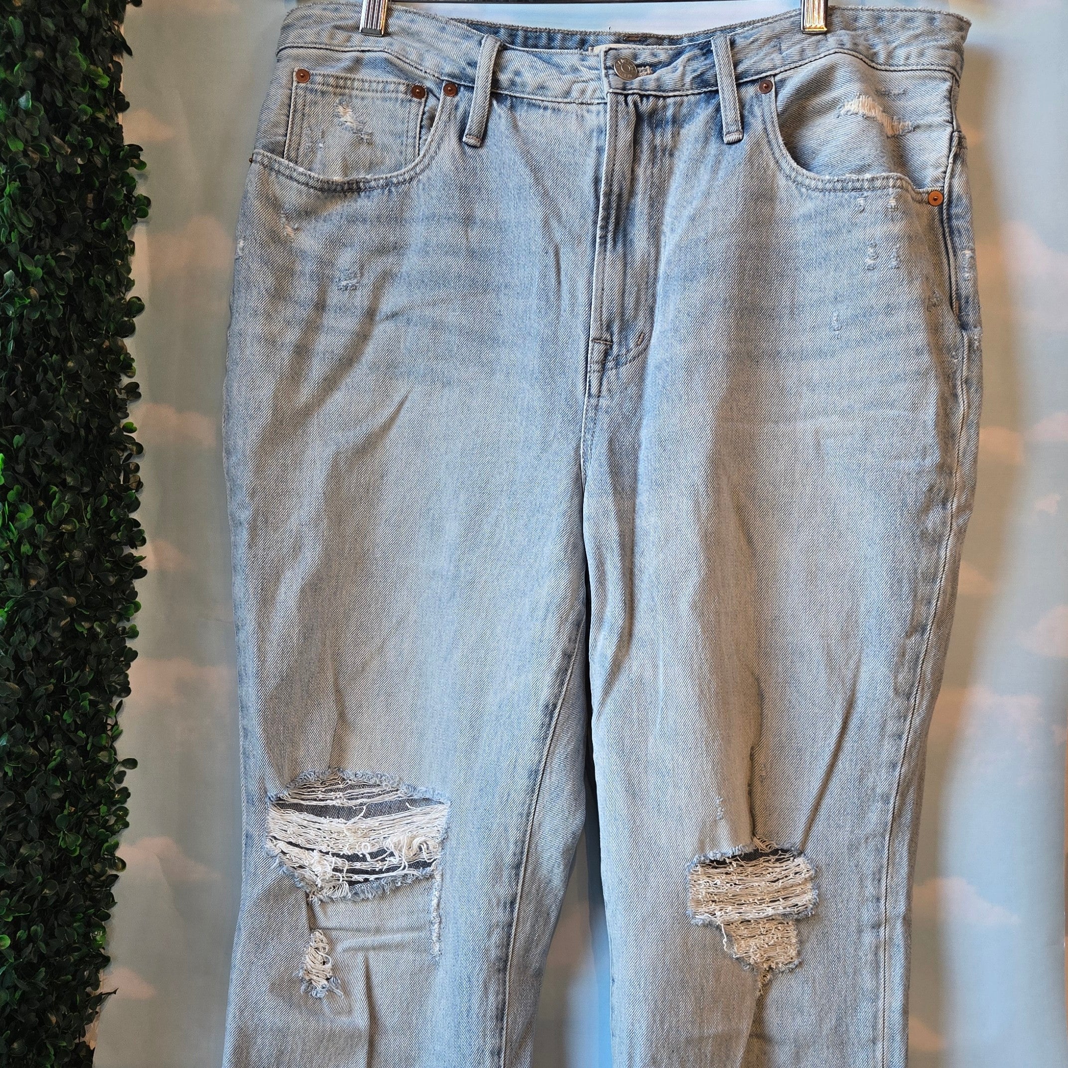 Upcycled Diatressed Denim * waist size 33 * Madewell Jeans * Leather Back Pocket Detail