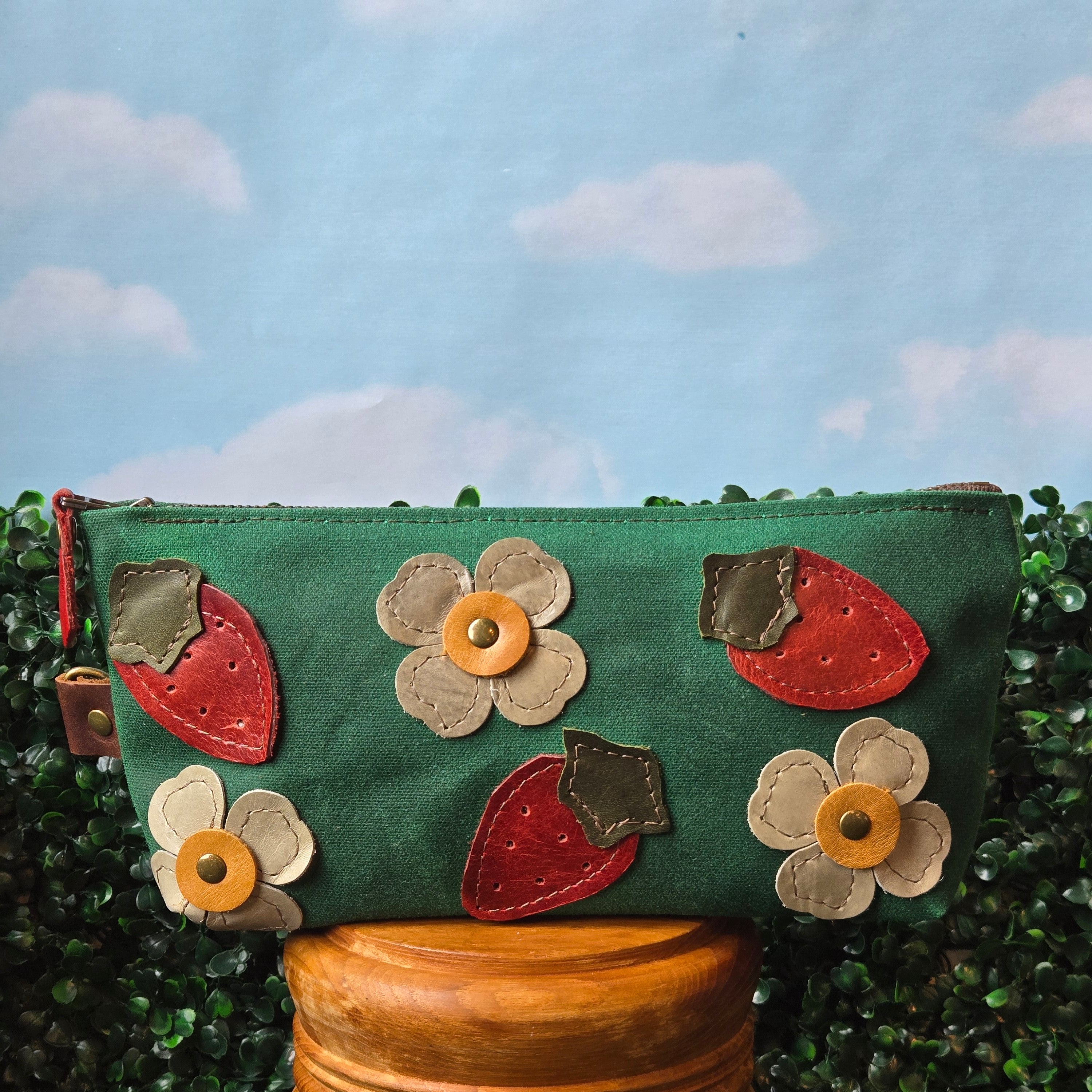 Waxed canvas and Leather Zipper Pouch * Strawberry Pencil Case