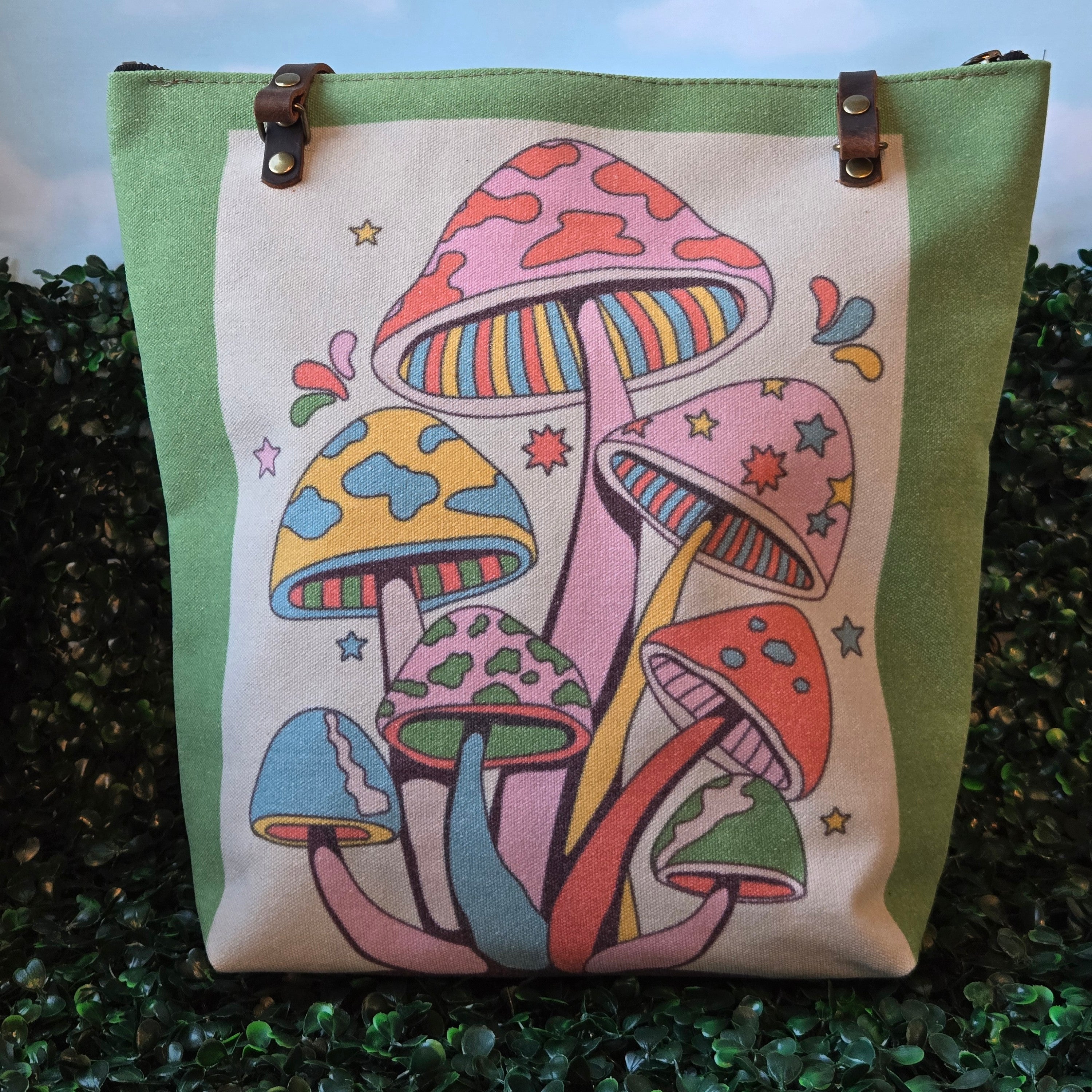 Canvas and Leather Tote Bag * Psychadelic * Rainbow Mushrooms