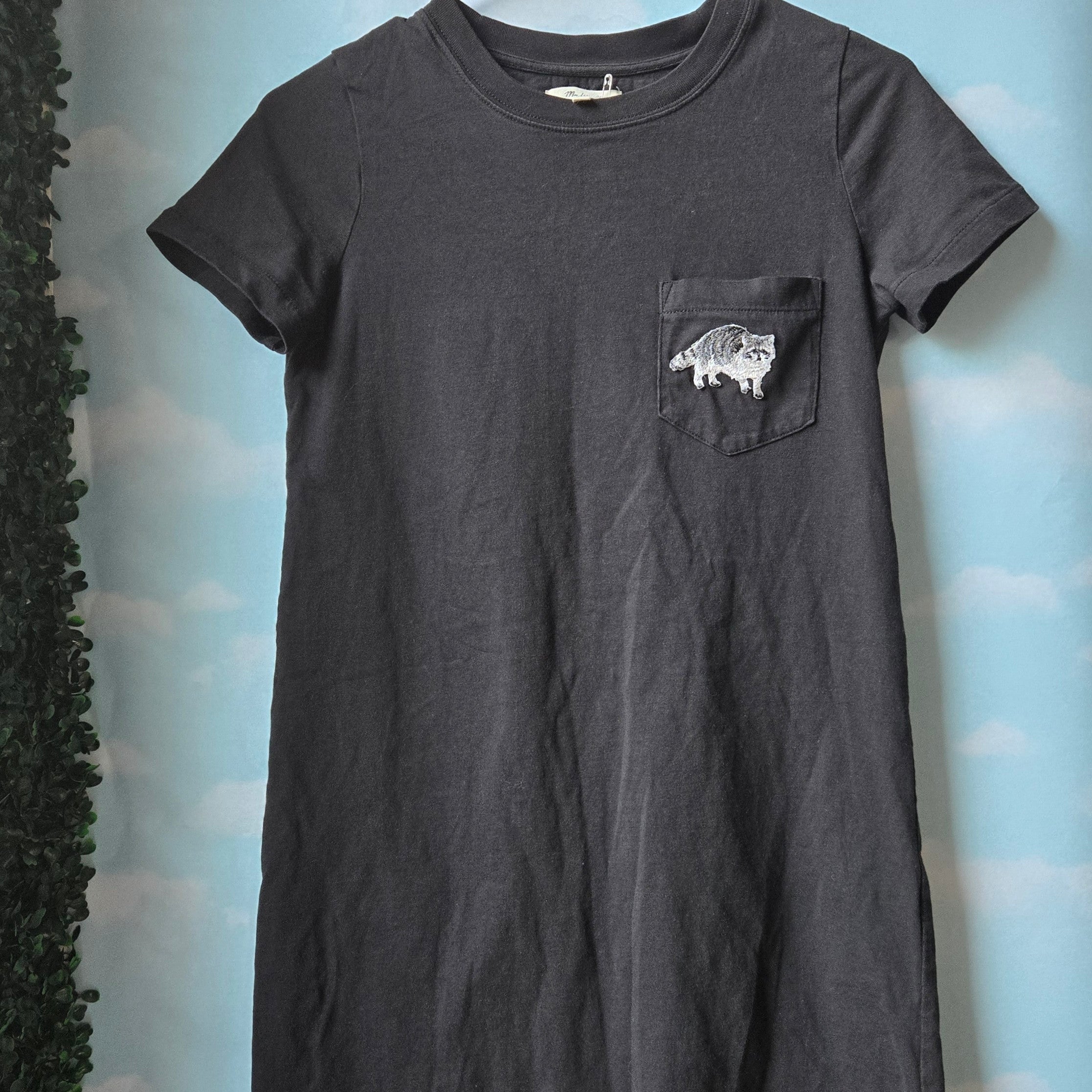 Racoon Pocket * Upcycled Tshirt Dress * Small * Raccoon Embroidered Patch