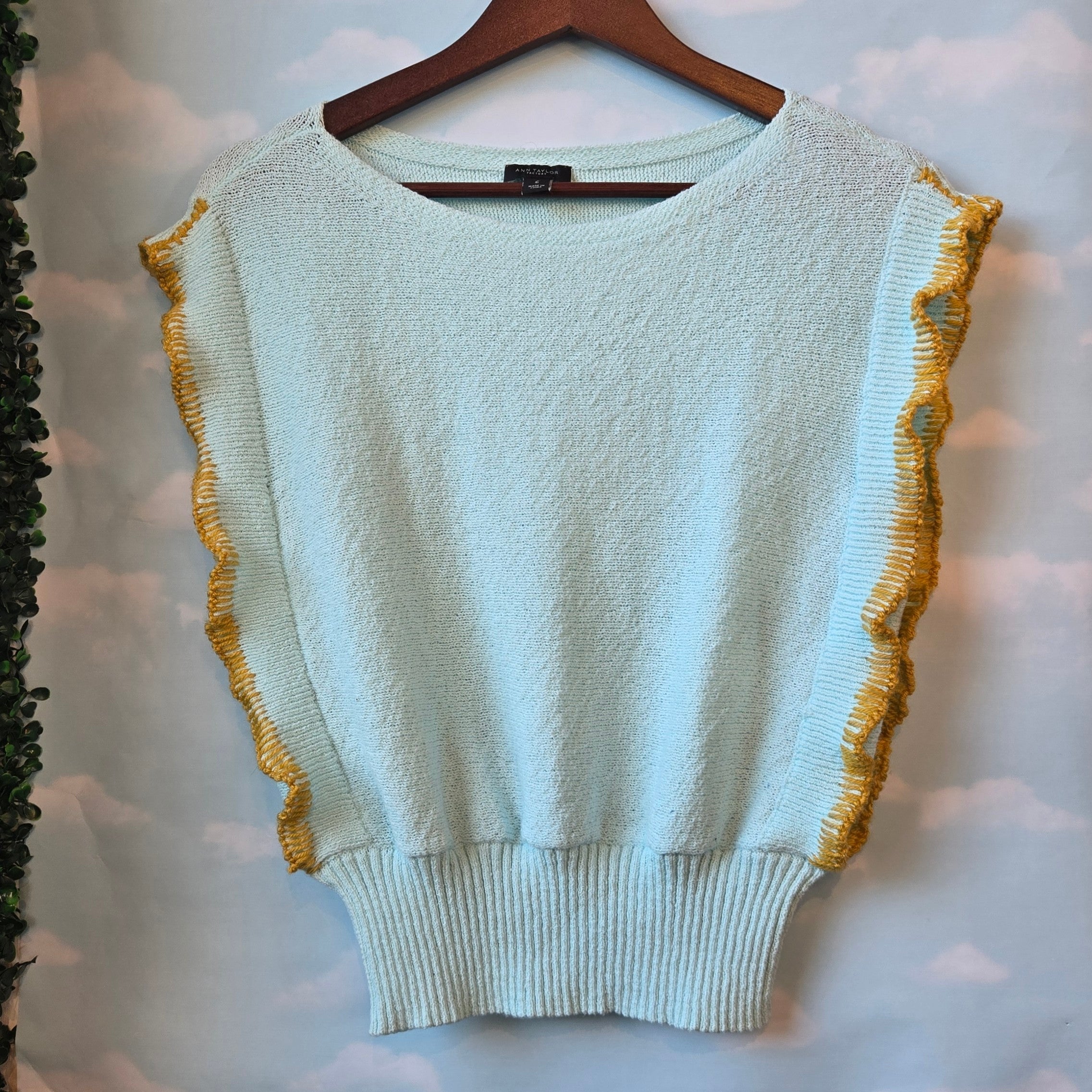Light Blue and Marigold knit Top * Embroidered Yarn Hem* Upcycled Vintage Sweater